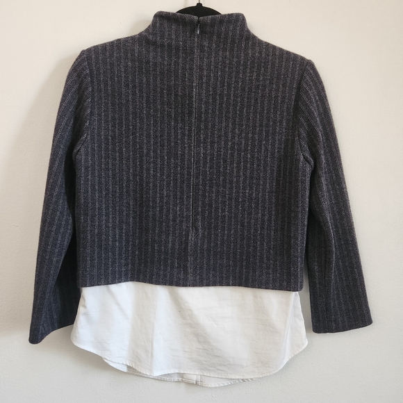 Theory Layered Look Cropped Striped Mockneck Sweater White Oxford Buttondown Top - Picture 3 of 6